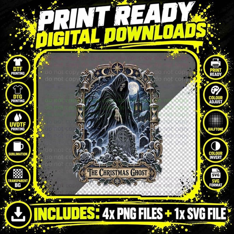 The Christmas Ghost Tarot Card Grim Reaper Yet To Come Victorian Gothic T-Shirt Png SVG Digital Bundle