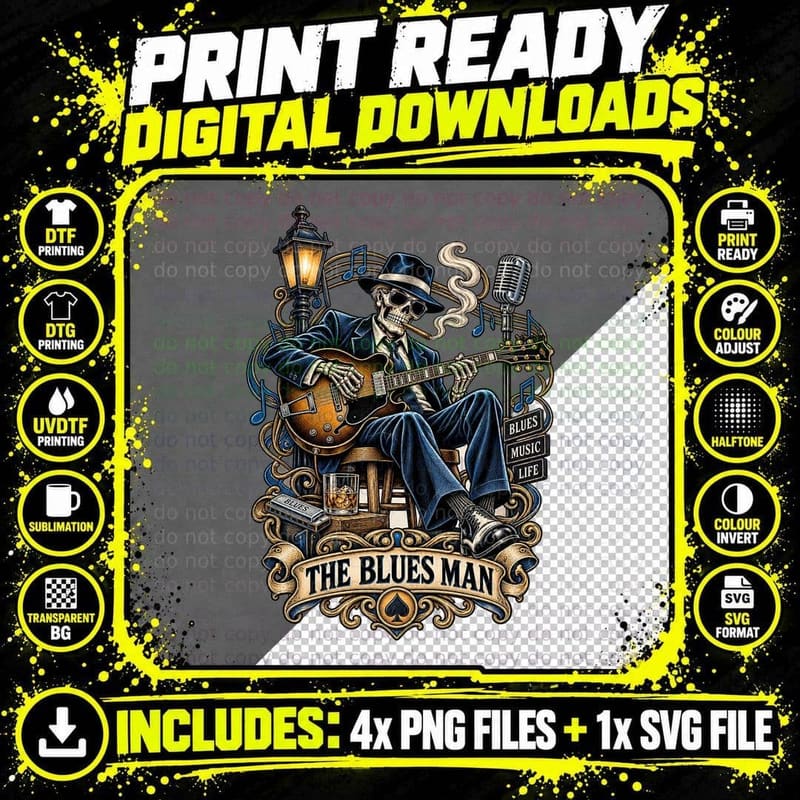The Blues Man Tarot Card Skeleton Guitar Fedora Sunglasses Soul Music T-Shirt Png SVG Digital Bundle