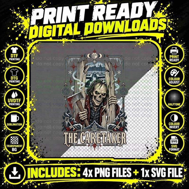 The Caretaker Tarot Card Skeleton Axe Hedge Maze Snowbound Hotel Horror T-Shirt Png SVG Digital Bundle