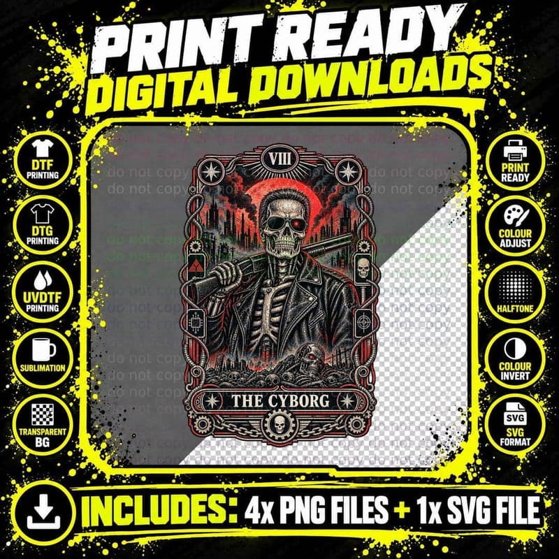 The Terminator Tarot Card Vintage Occult T-800 Skeleton Png SVG Digital Bundle