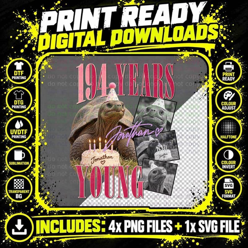 Jonathan Tortoise Vintage 194 Years Young Birthday Retro Png SVG Digital Bundle
