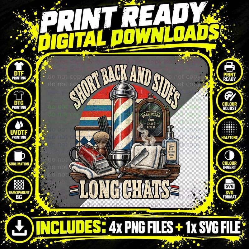 Short Back and Sides Long Chats Barber Pole Clippers Funny Barbershop T-Shirt Png SVG Digital Bundle