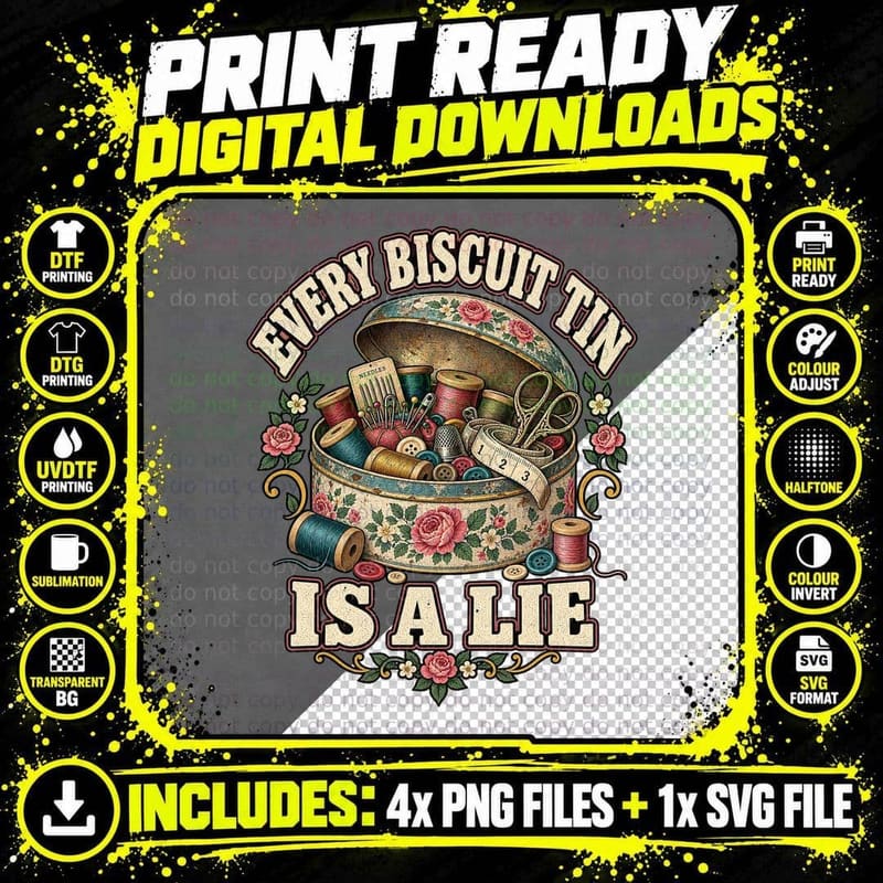 Biscuit Tin Sewing Kit Retro British Grandma Nostalgia Png SVG Digital Bundle