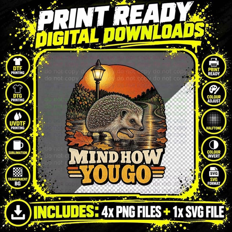 Mind How You Go Hedgehog Street Lamp Riverside British Wildlife Retro T-Shirt Png SVG Digital Bundle