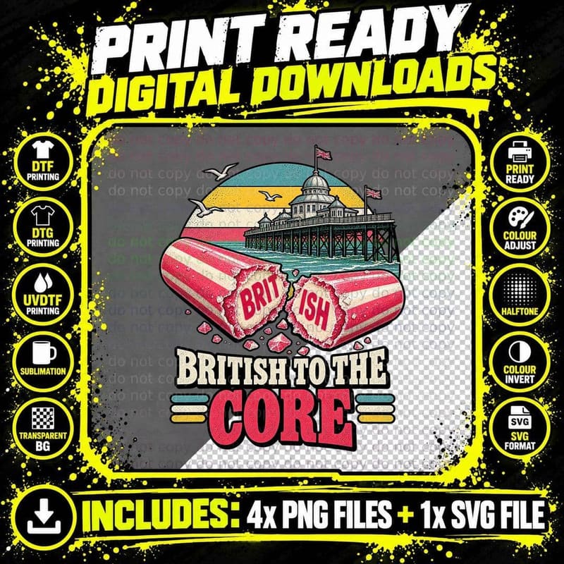 British to the Core Seaside Stick of Rock Pier Funny Retro Sunset T-Shirt Png SVG Digital Bundle