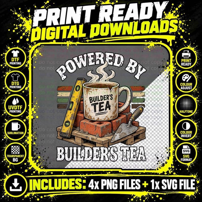 Powered by Builder's Tea Mug Bricks Trowel Spirit Level Funny Builder T-Shirt Png SVG Digital Bundle