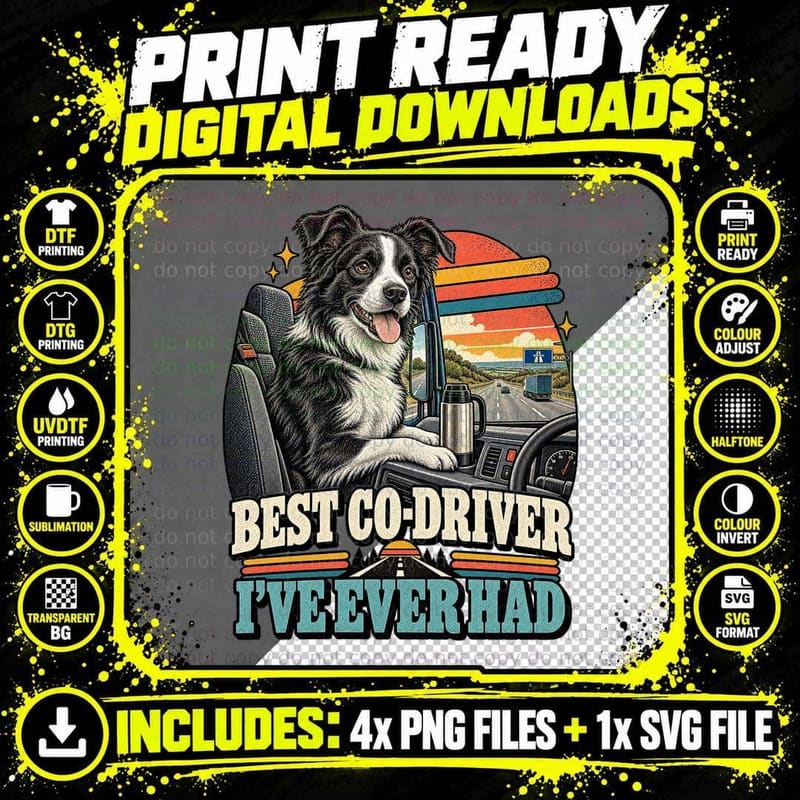 Funny Border Collie Lorry Driver Retro Trucking Dog Png SVG Digital Bundle