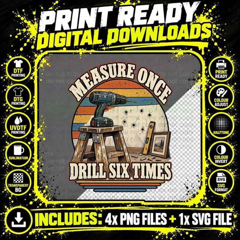 Funny DIY Dad Retro Home Improvement Handyman Drill Png SVG Digital Bundle