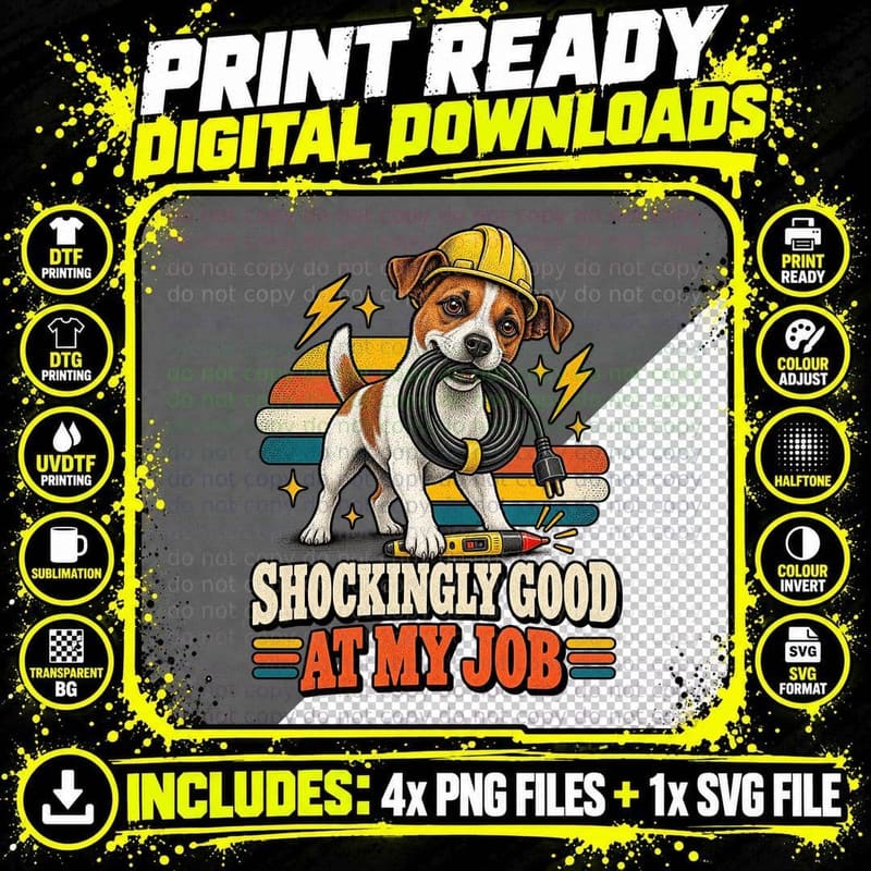 Funny Electrician Jack Russell Dog Retro Tradesman Png SVG Digital Bundle