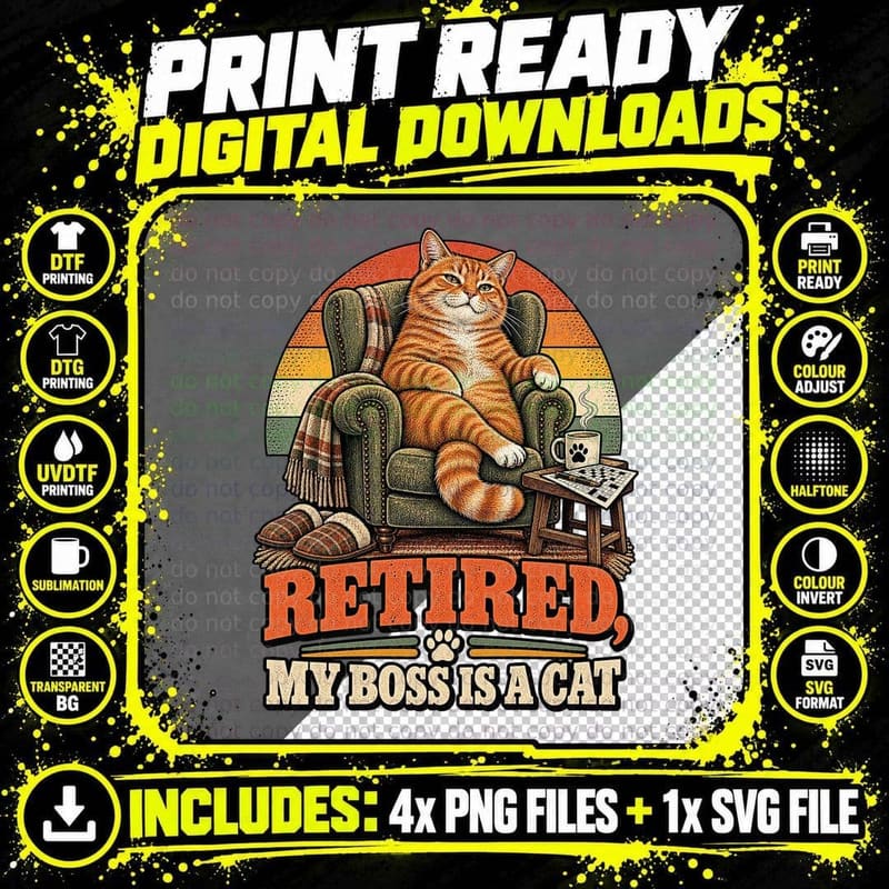 Retired My Boss Is a Cat Ginger Tabby Armchair Funny Retirement Pet T-Shirt Png SVG Digital Bundle