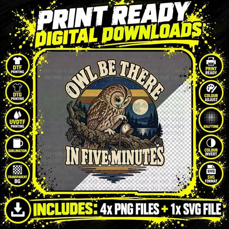 Funny Tawny Owl Retro Running Late Pun Nocturnal Bird Png SVG Digital Bundle
