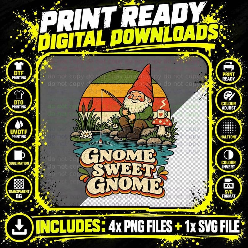 Gnome Sweet Gnome Bearded Fishing Pond Toadstool Funny Garden Ornament T-Shirt Png SVG Digital Bundle