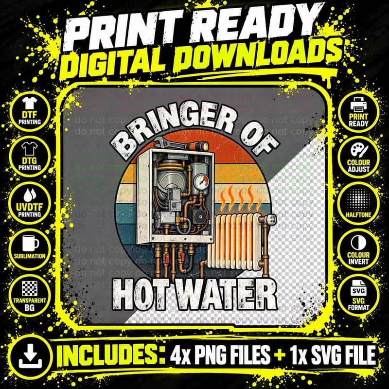Heating Engineer Bringer Of Hot Water Retro Boiler Png SVG Digital Bundle