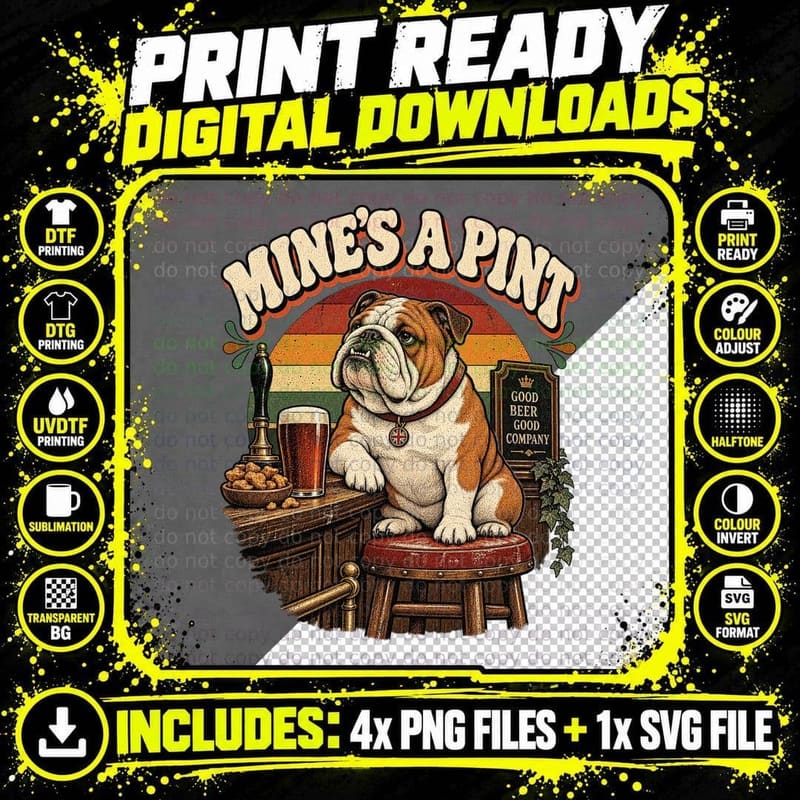 Mine's a Pint British Bulldog Pub Bar Stool Funny Beer Lover Retro T-Shirt Png SVG Digital Bundle