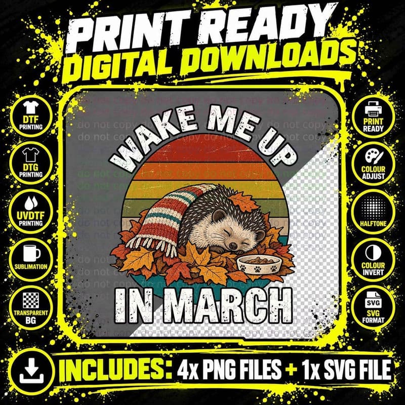 Sleeping Hedgehog Funny Hibernation Retro Autumn Png SVG Digital Bundle
