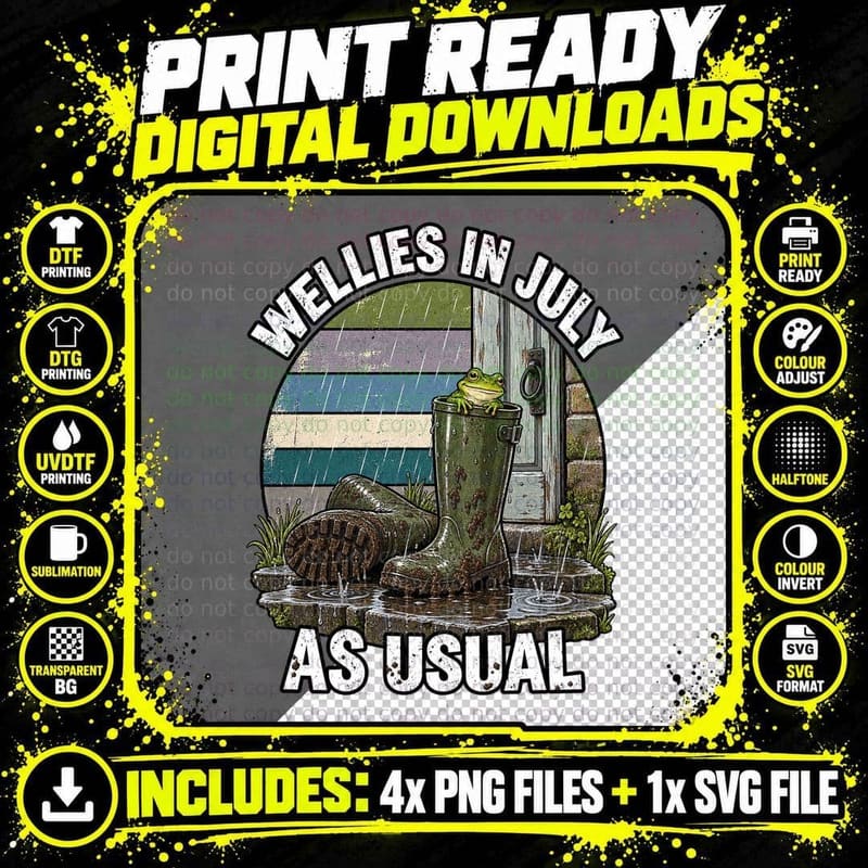 Wellies In July Funny British Weather Retro Rainy Summer Png SVG Digital Bundle