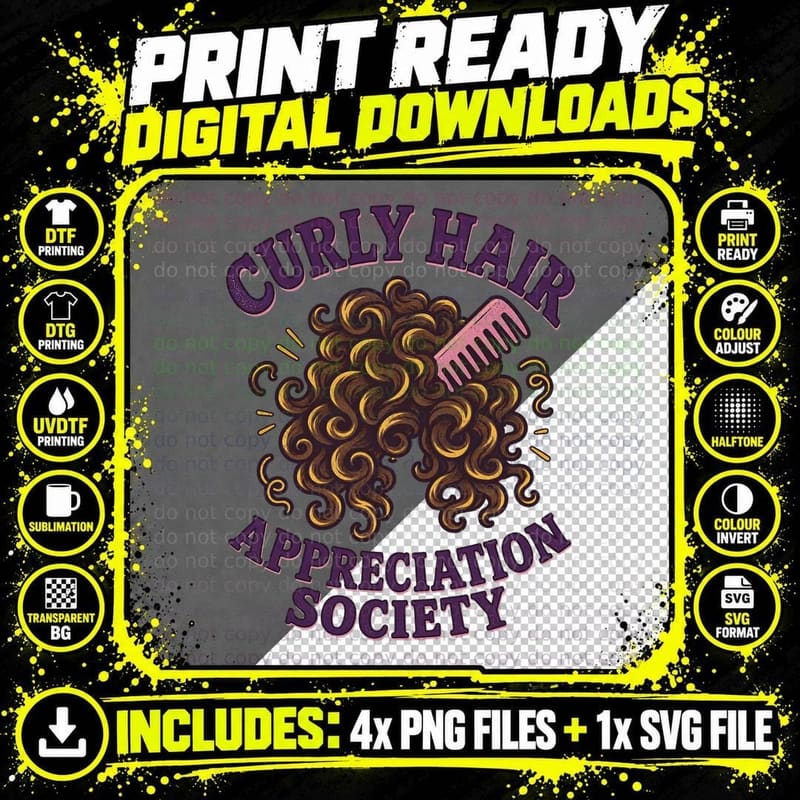 Curly Hair Appreciation Society Retro Natural Curls Comb Funny Volume T-Shirt Png SVG Digital Bundle