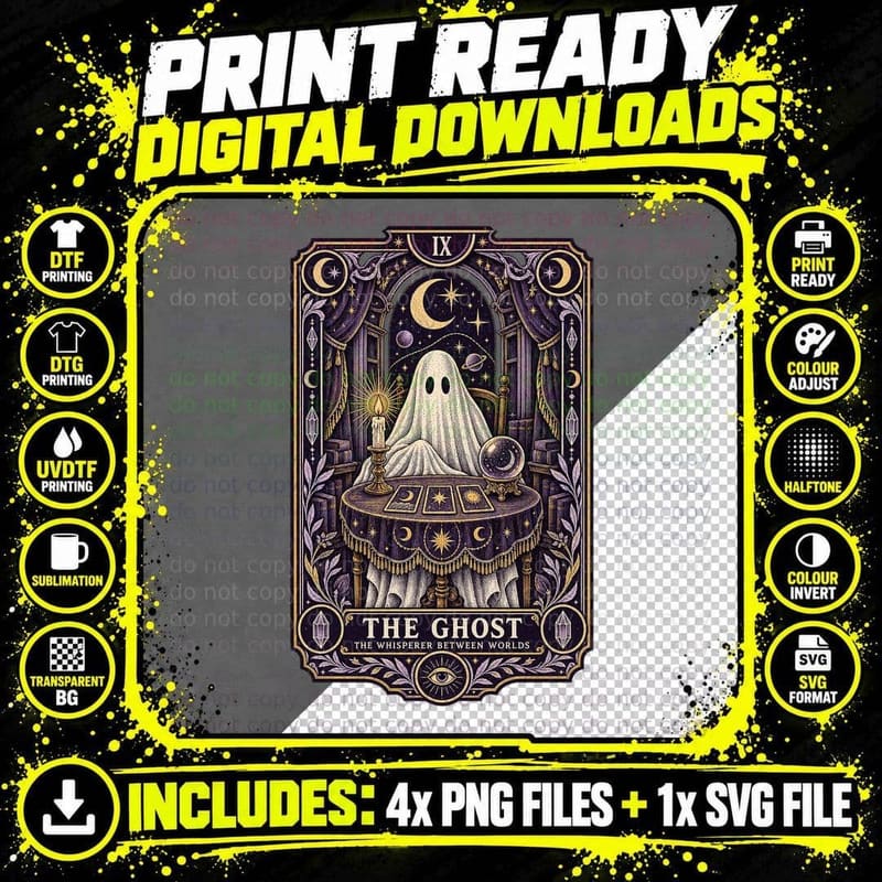 Cute Ghost Tarot Card Vintage Gothic Witchcraft Fortune Png SVG Digital Bundle