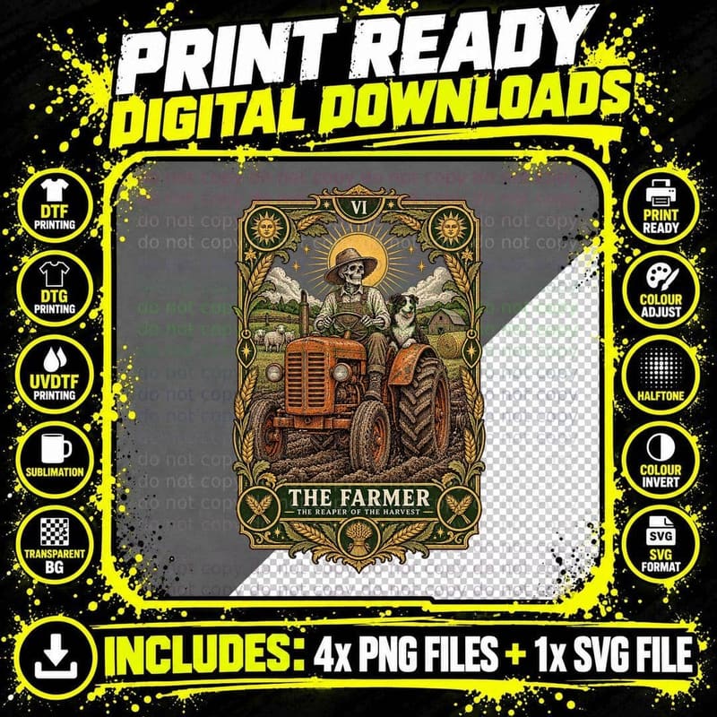 Farmer Tarot Card Skeleton Vintage Gothic Tractor Png SVG Digital Bundle