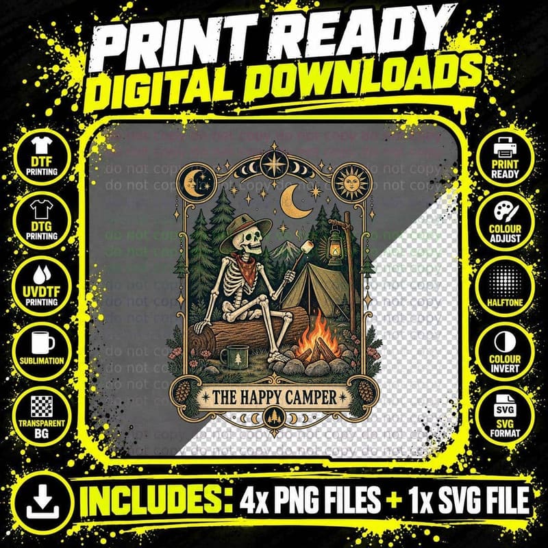 Happy Camper Skeleton Tarot Card Vintage Gothic Camping Png SVG Digital Bundle