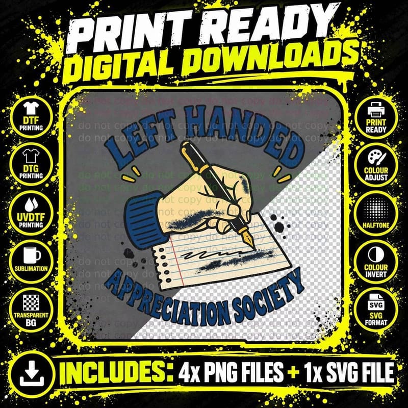 Left Handed Appreciation Society Retro Lefty Humor Pen Writing Funny T-Shirt Png SVG Digital Bundle