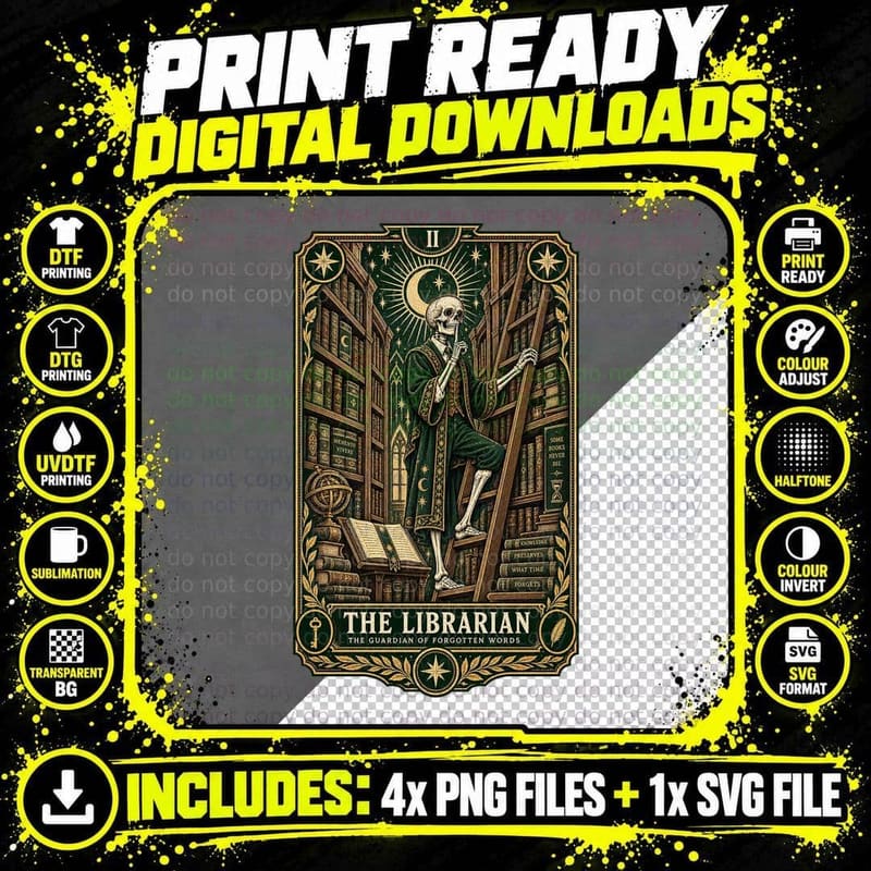 Librarian Tarot Card Skeleton Gothic Vintage Engraving Png SVG Digital Bundle