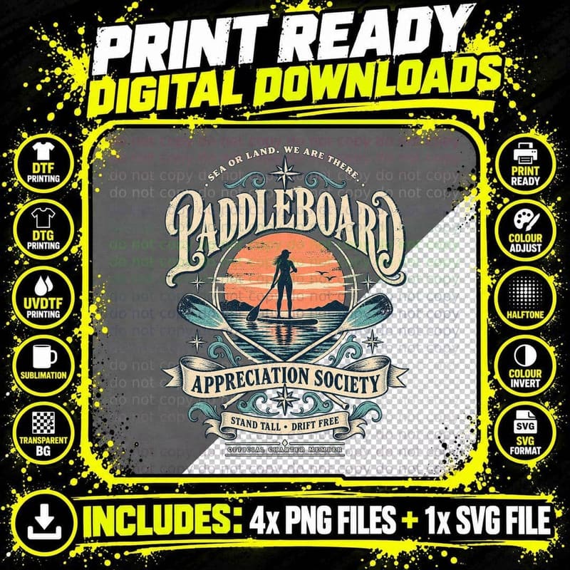 Paddleboard Appreciation Society Stand Tall Drift Free Coastal Sunset T-Shirt Png SVG Digital Bundle