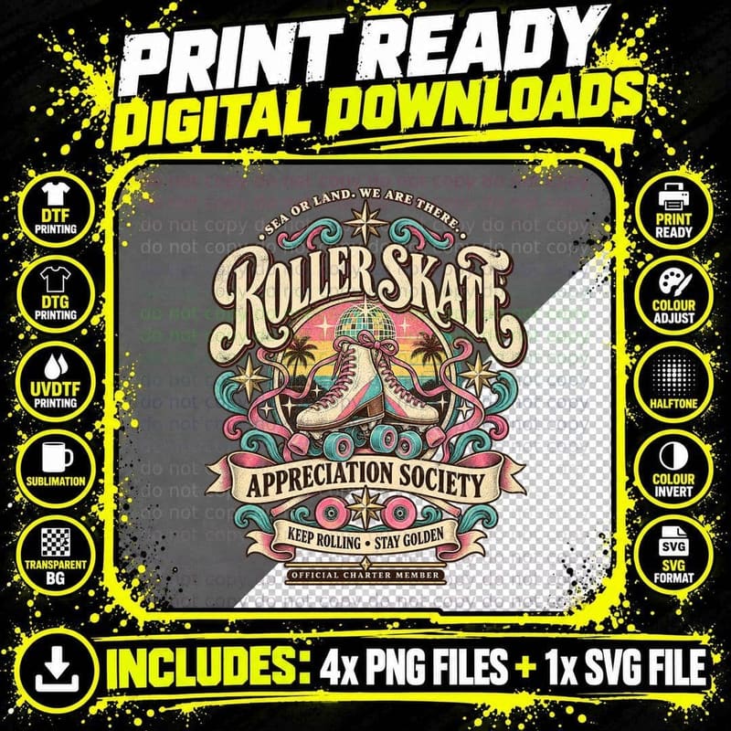 Roller Skate Appreciation Society Keep Rolling Stay Golden Vintage Disco T-Shirt Png SVG Digital Bundle