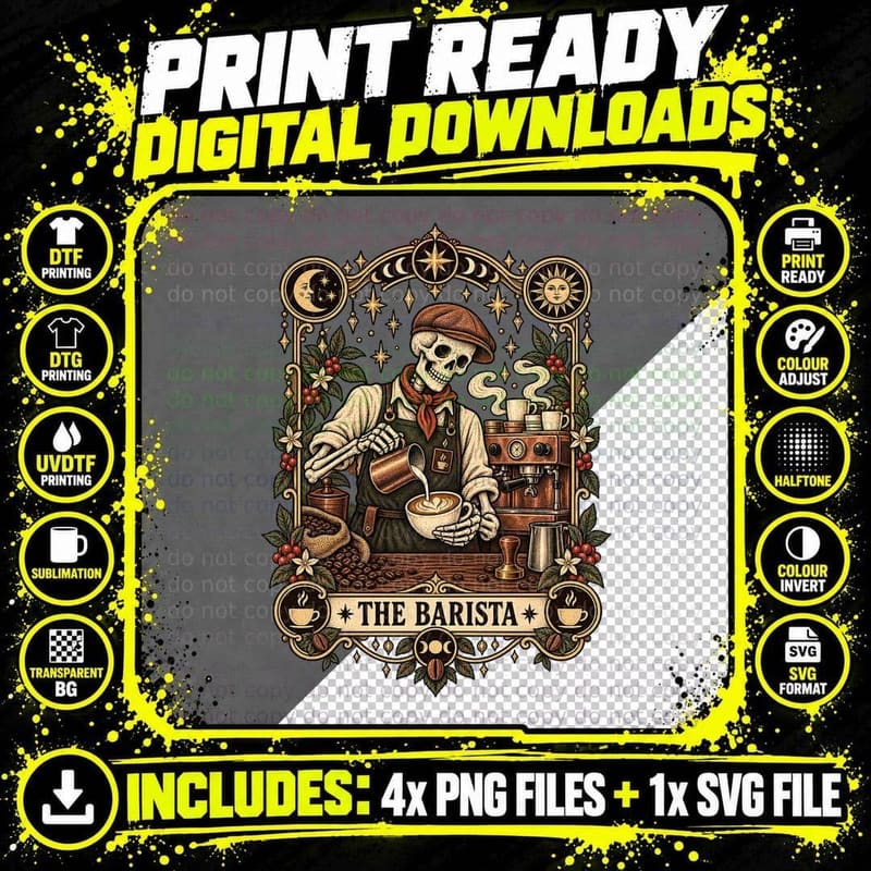 Skeleton Barista Tarot Card Vintage Gothic Coffee Lover Png SVG Digital Bundle