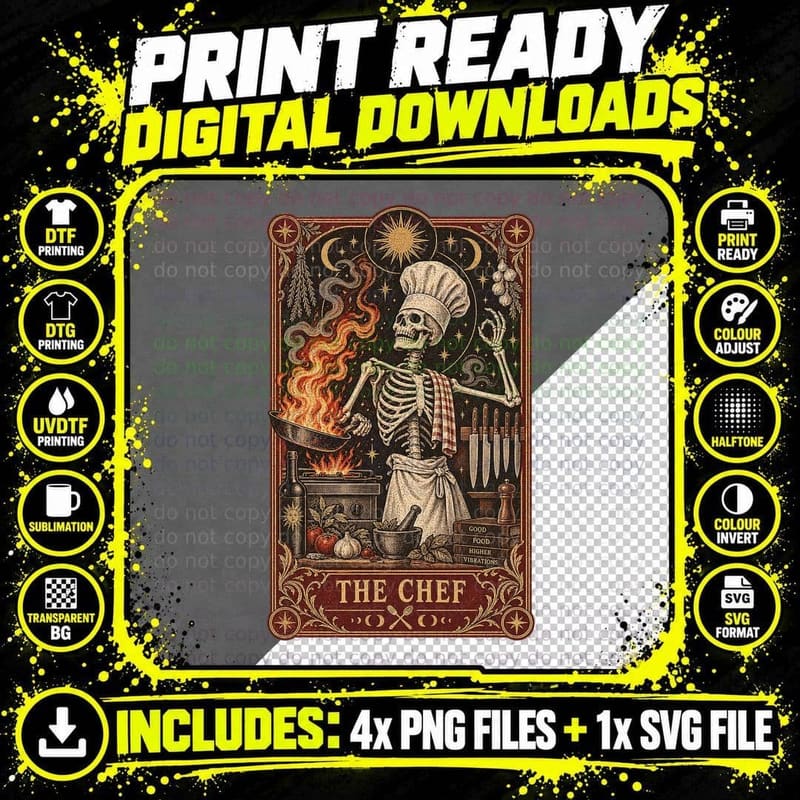 The Chef Skeleton Tarot Card Gothic Kitchen Witch Cooking Flames Vintage T-Shirt Png SVG Digital Bundle
