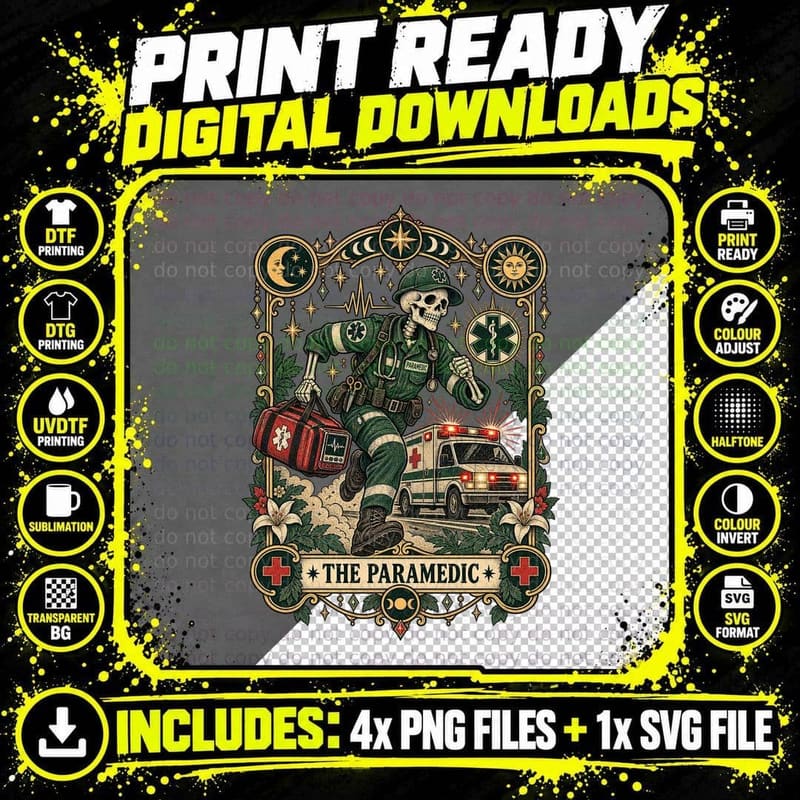 Skeleton Paramedic Tarot Card Vintage Gothic EMS Png SVG Digital Bundle