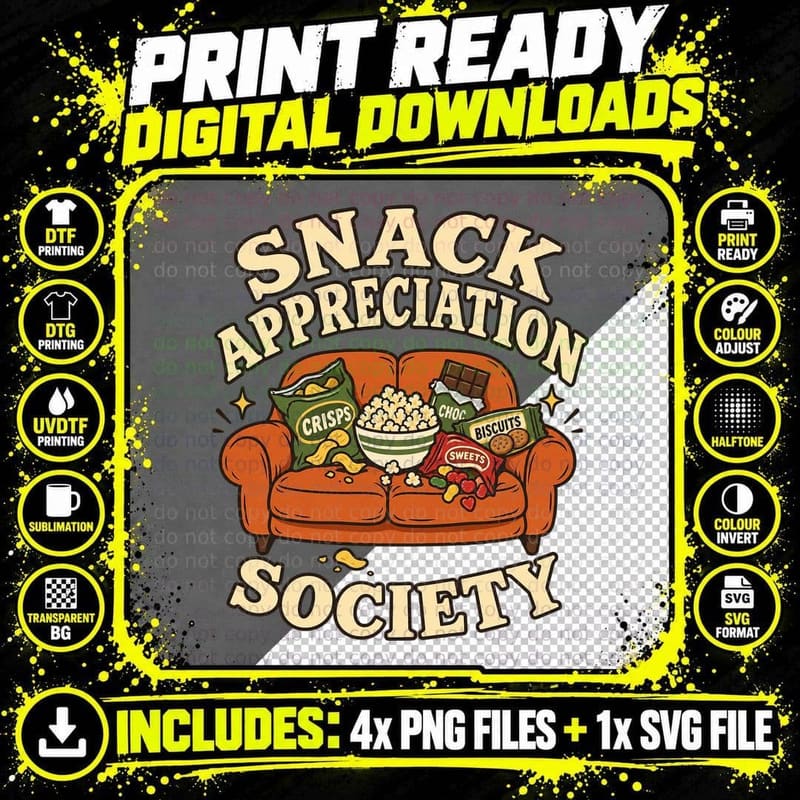 Snack Appreciation Society Retro Couch Potato Movie Night Crisps Popcorn T-Shirt Png SVG Digital Bundle