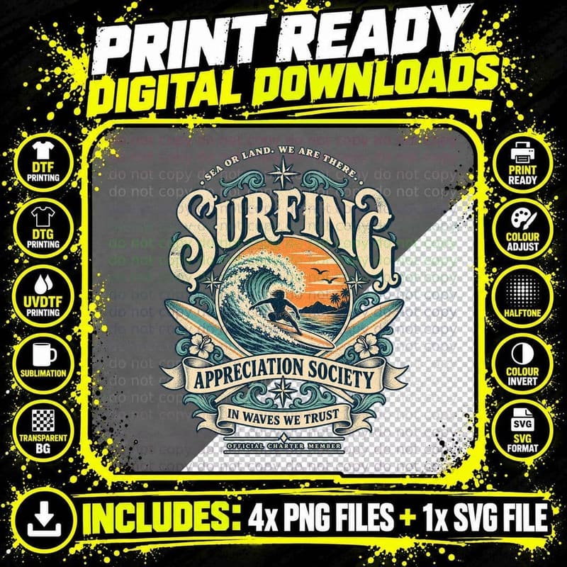 Surfing Appreciation Society In Waves We Trust Surfer Vintage Surf Club T-Shirt Png SVG Digital Bundle