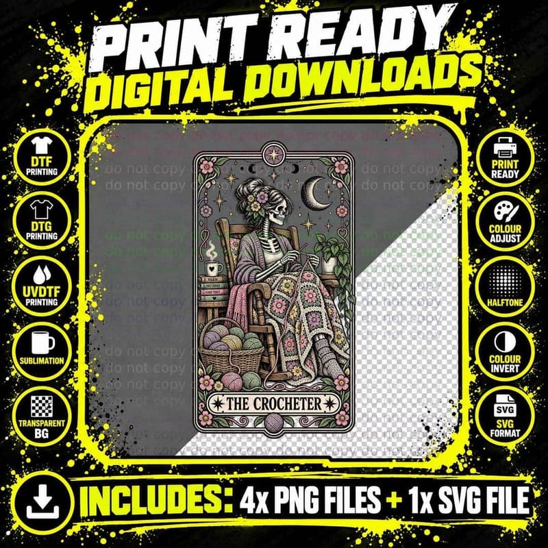 The Crocheter Skeleton Tarot Card Crochet Granny Square Yarn Gothic T-Shirt Png SVG Digital Bundle
