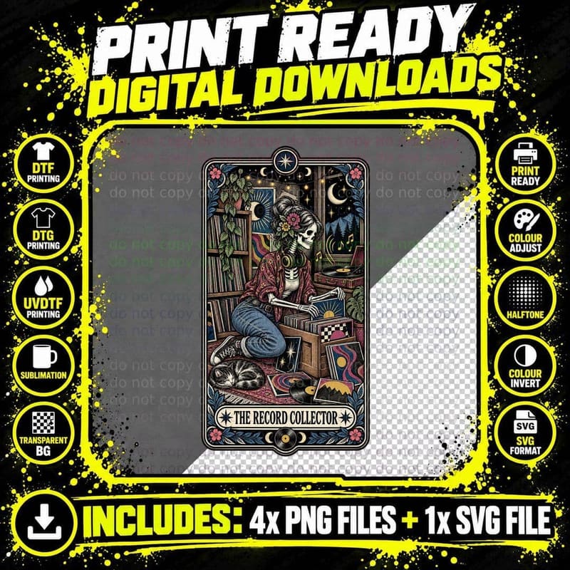 The Record Collector Skeleton Tarot Card Vinyl Records Gothic Music T-Shirt Png SVG Digital Bundle