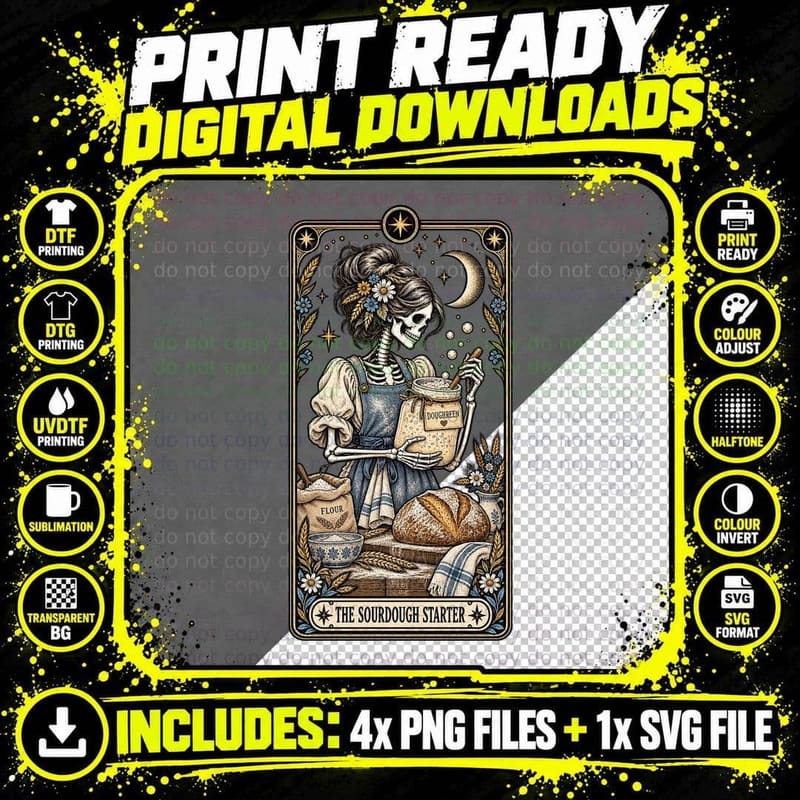 The Sourdough Starter Skeleton Tarot Card Bread Baking Gothic Kitchen T-Shirt Png SVG Digital Bundle