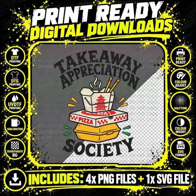Takeaway Appreciation Society Retro Funny Fast Food Noodle Box Pizza T-Shirt Png SVG Digital Bundle
