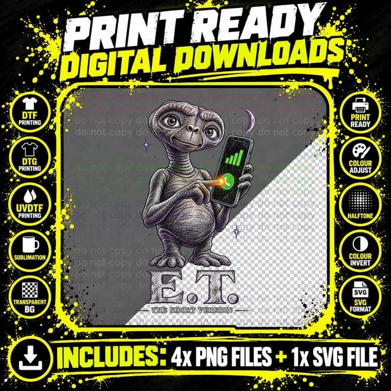 Space Creature Phone Home The Short Version Smartphone 80s Sci Fi Parody T-Shirt Png SVG Digital Bundle