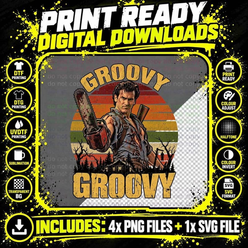 Ash Groovy Chainsaw Boomstick Cabin 80s Cult Horror Comedy Bruce Retro T-Shirt Png SVG Digital Bundle