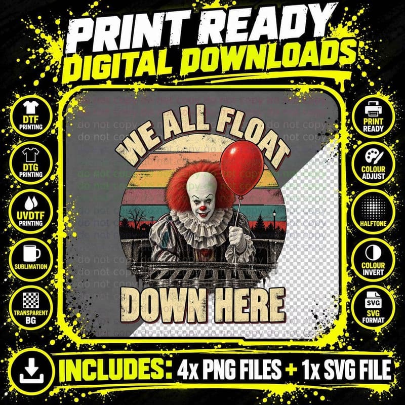 Pennywise We All Float Down Here Red Balloon Killer Clown Horror Retro T-Shirt Png SVG Digital Bundle