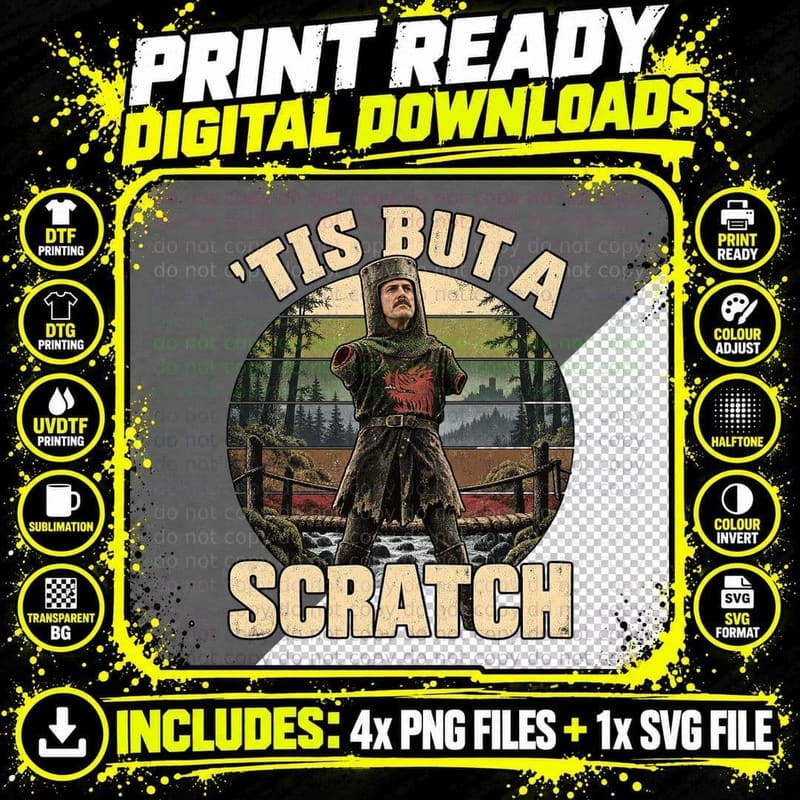 Tis But A Scratch Black Knight John Medieval Comedy Armless Retro T-Shirt Png SVG Digital Bundle