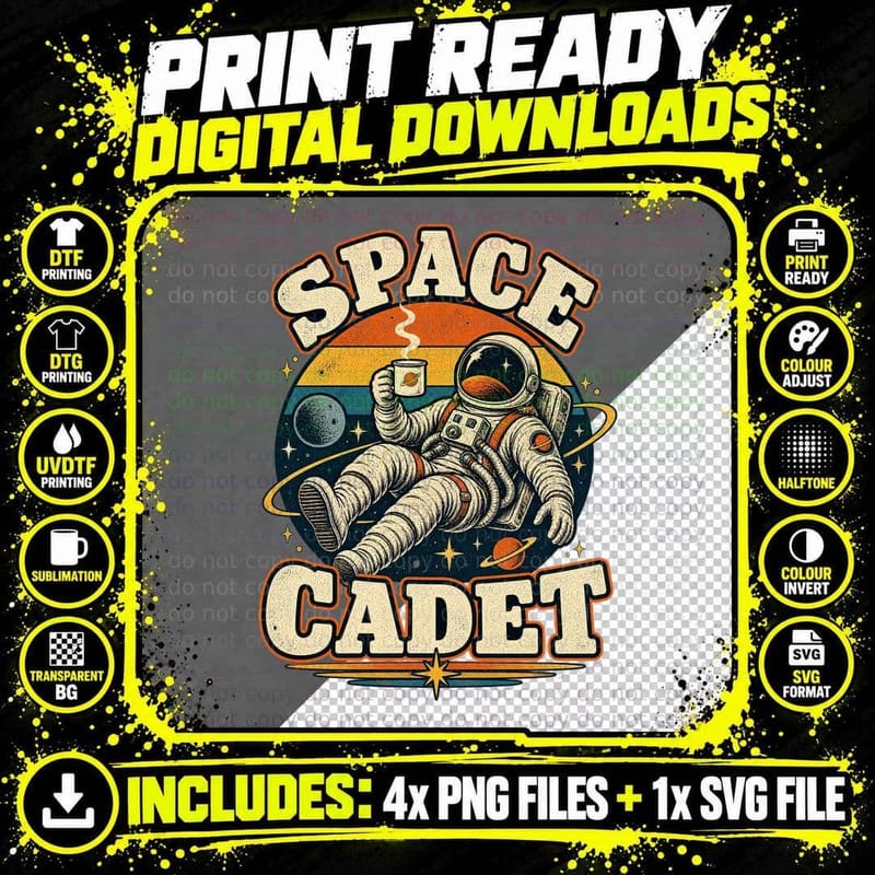 Space Cadet Astronaut Floating Tea Mug Planets Retro Sunset Funny T-Shirt Png SVG Digital Bundle