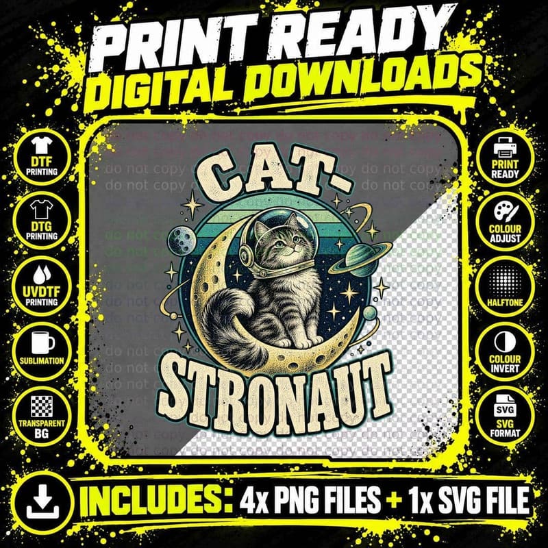 Cat-Stronaut Kitten Astronaut Helmet Crescent Moon Planets Retro Funny T-Shirt Png SVG Digital Bundle