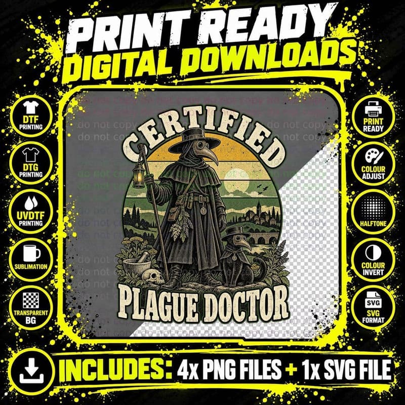 Certified Plague Doctor Black Cat Beak Mask Medieval Gothic Retro Humour T-Shirt Png SVG Digital Bundle