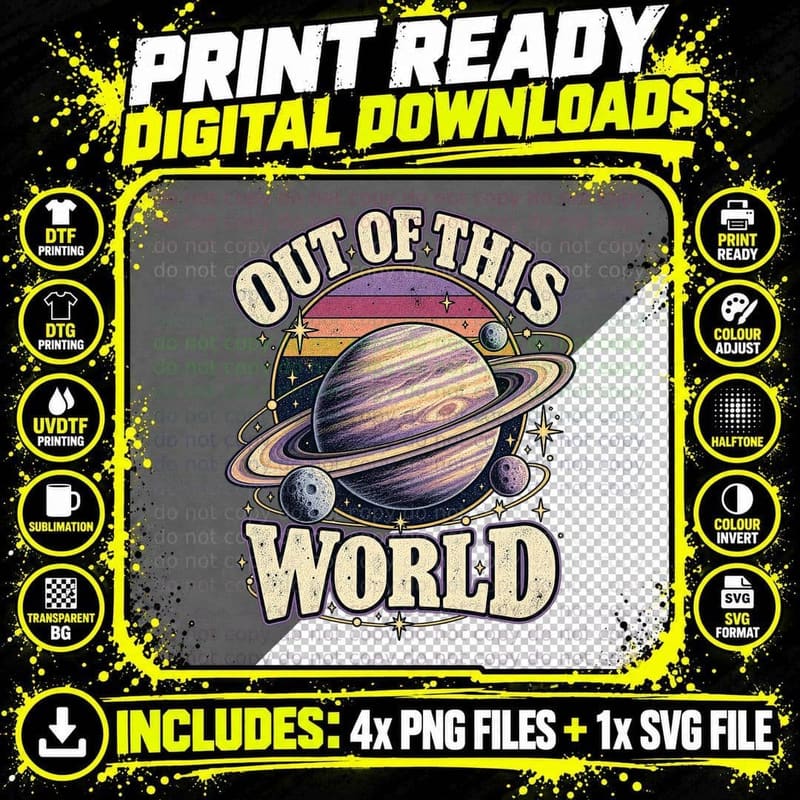 Out Of This World Saturn Ringed Planet Retro Sunset Astronomy Space T-Shirt Png SVG Digital Bundle