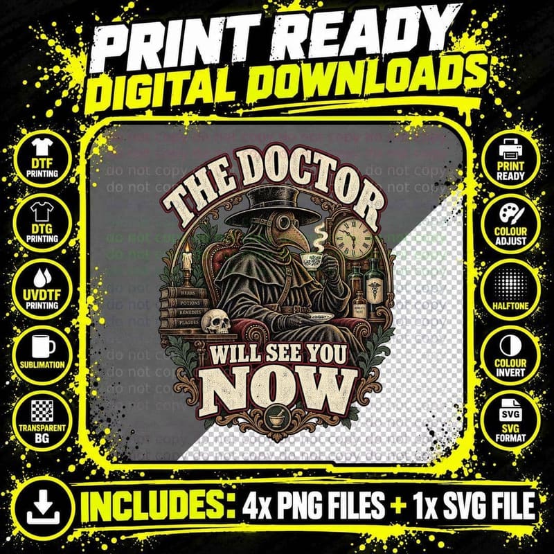 The Doctor Will See You Now Plague Mask Tea Cup Skull Gothic Funny T-Shirt Png SVG Digital Bundle