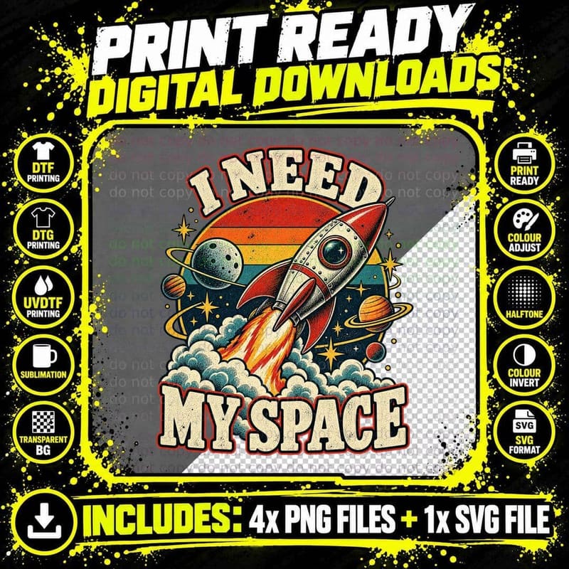 I Need My Space Retro Rocket Launch Planets Sunset Funny Astronomy T-Shirt Png SVG Digital Bundle