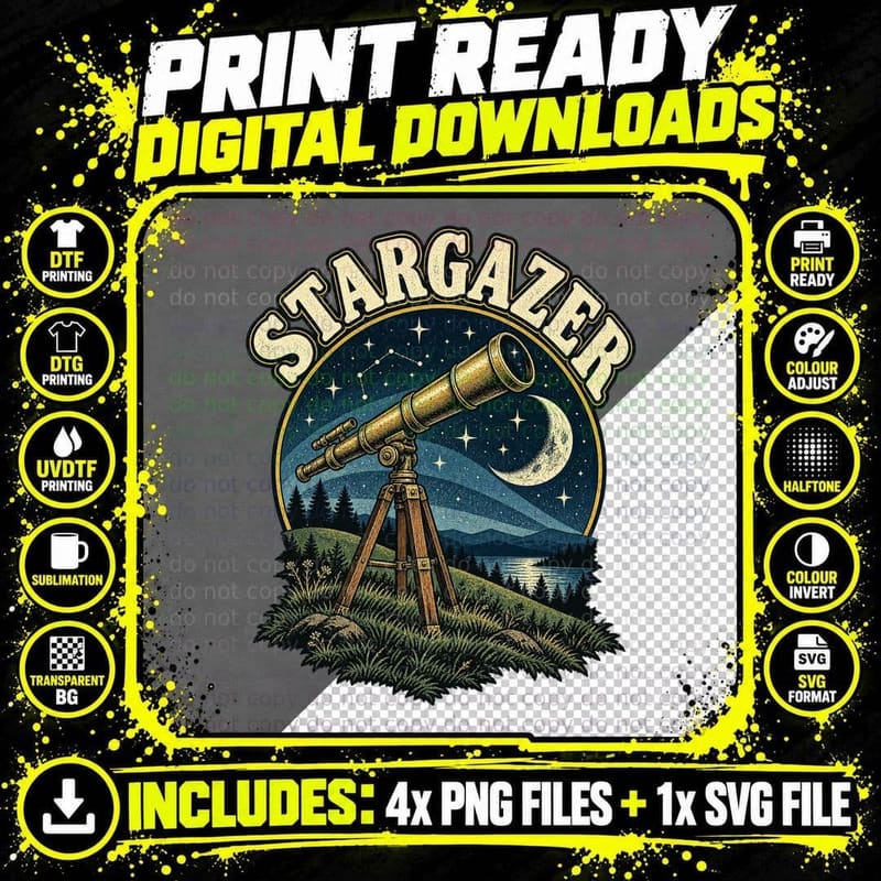 Stargazer Brass Telescope Starry Night Crescent Moon Astronomy Retro T-Shirt Png SVG Digital Bundle