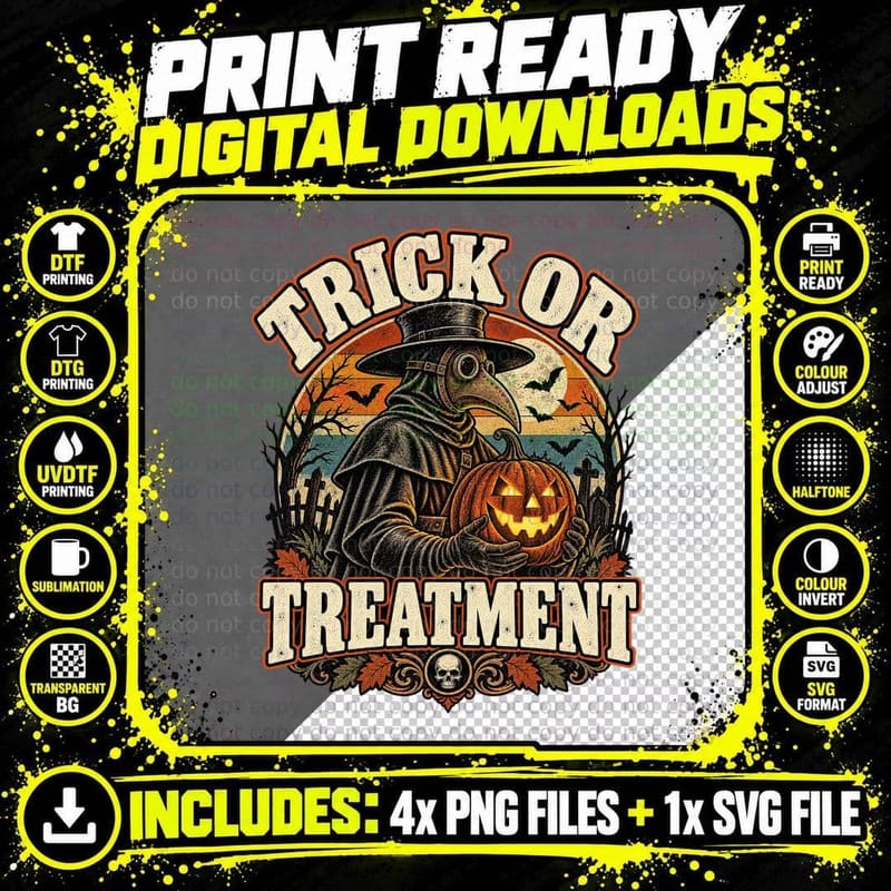 Trick Or Treatment Plague Doctor Jack O Lantern Halloween Funny Gothic T-Shirt Png SVG Digital Bundle