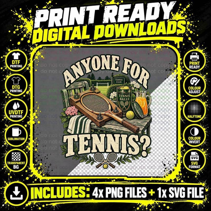 Anyone For Tennis Vintage Retro Wooden Racket Tennis Png SVG Digital Bundle